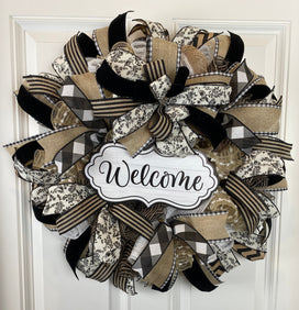 Farmhouse Welcome Wreath: Neutral Deco Mesh, Toile & Velvet Ribbons