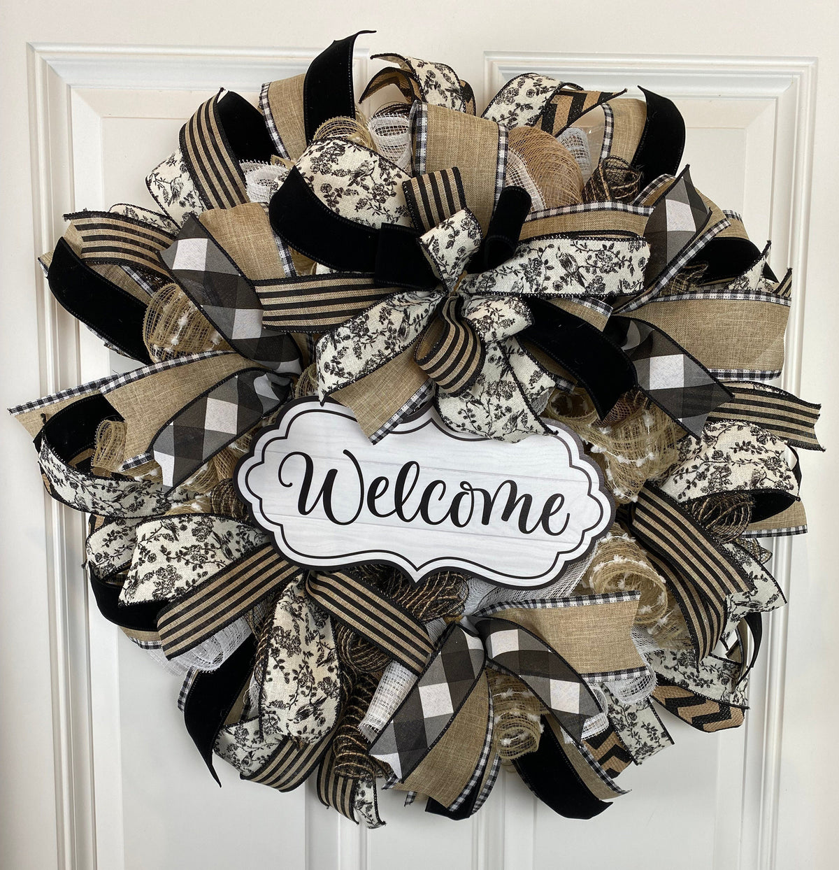 Farmhouse Welcome Wreath: Neutral Deco Mesh, Toile & Velvet Ribbons