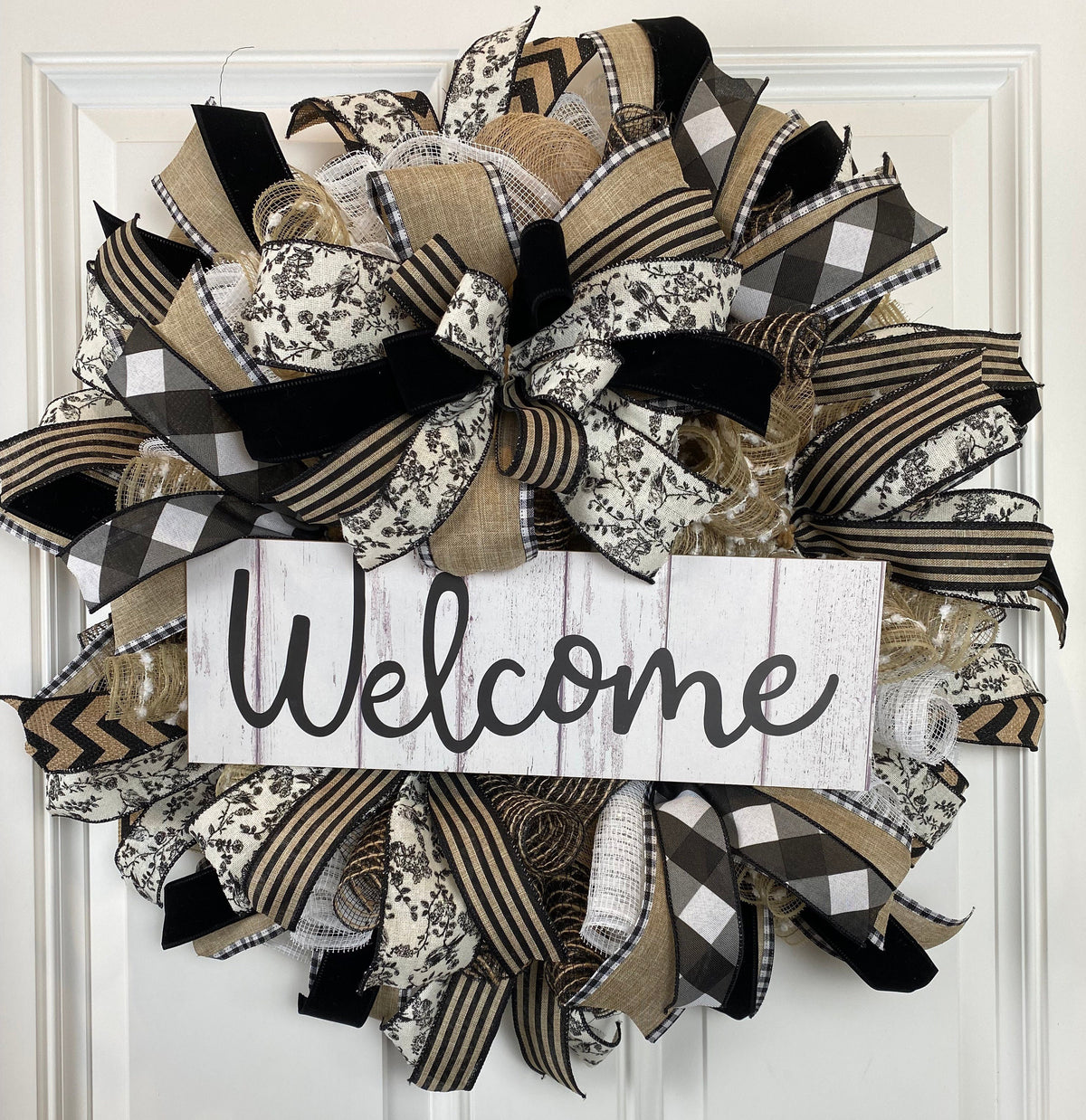 Farmhouse Welcome Wreath: Neutral Deco Mesh, Toile & Velvet Ribbons