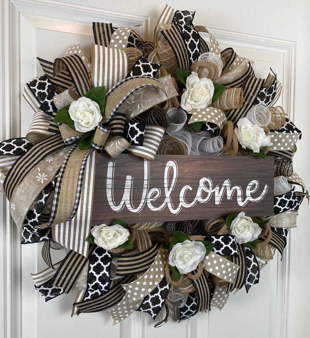 Farmhouse Welcome Wreath: Neutral Deco Mesh, White Roses