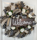 Farmhouse Welcome Wreath: Neutral Deco Mesh, White Roses