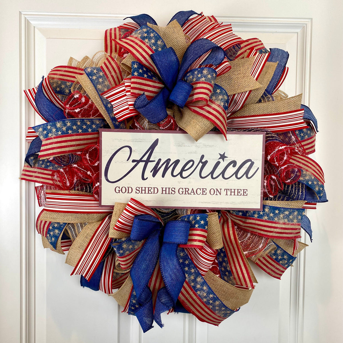 Summer Wreath, Rustic Patriotic Wreath, Fourth of July Wreath, Deluxe Flag Wreath, Red Cream and Blue Wreath, farmhouse decor