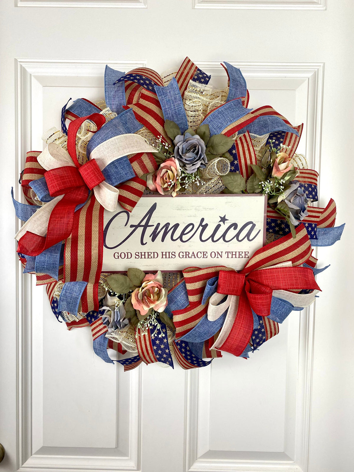 Patriotic Wreath, Rustic Country Flag Wreath, Fourth of July Wreath, Deluxe Flag Wreath, Red Cream and Blue Wreath, summer wreath