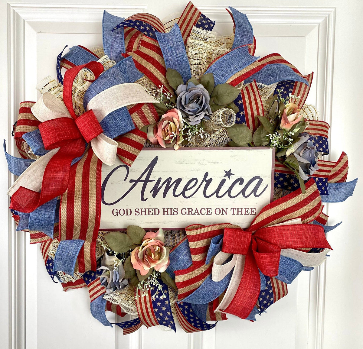 Patriotic Wreath, Rustic Country Flag Wreath, Fourth of July Wreath, Deluxe Flag Wreath, Red Cream and Blue Wreath, summer wreath