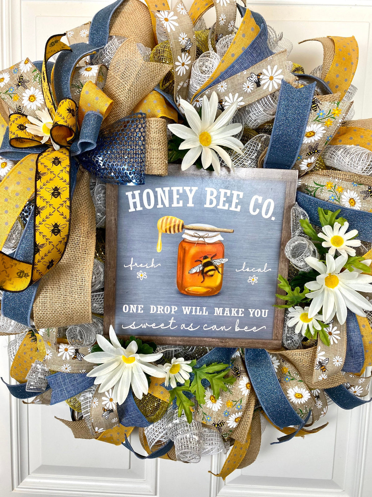 XL Everyday Honey Bee Wreath Front Door,  Farmhouse All Seasons Wreath, Spring Wreath, Summer Deco Mesh