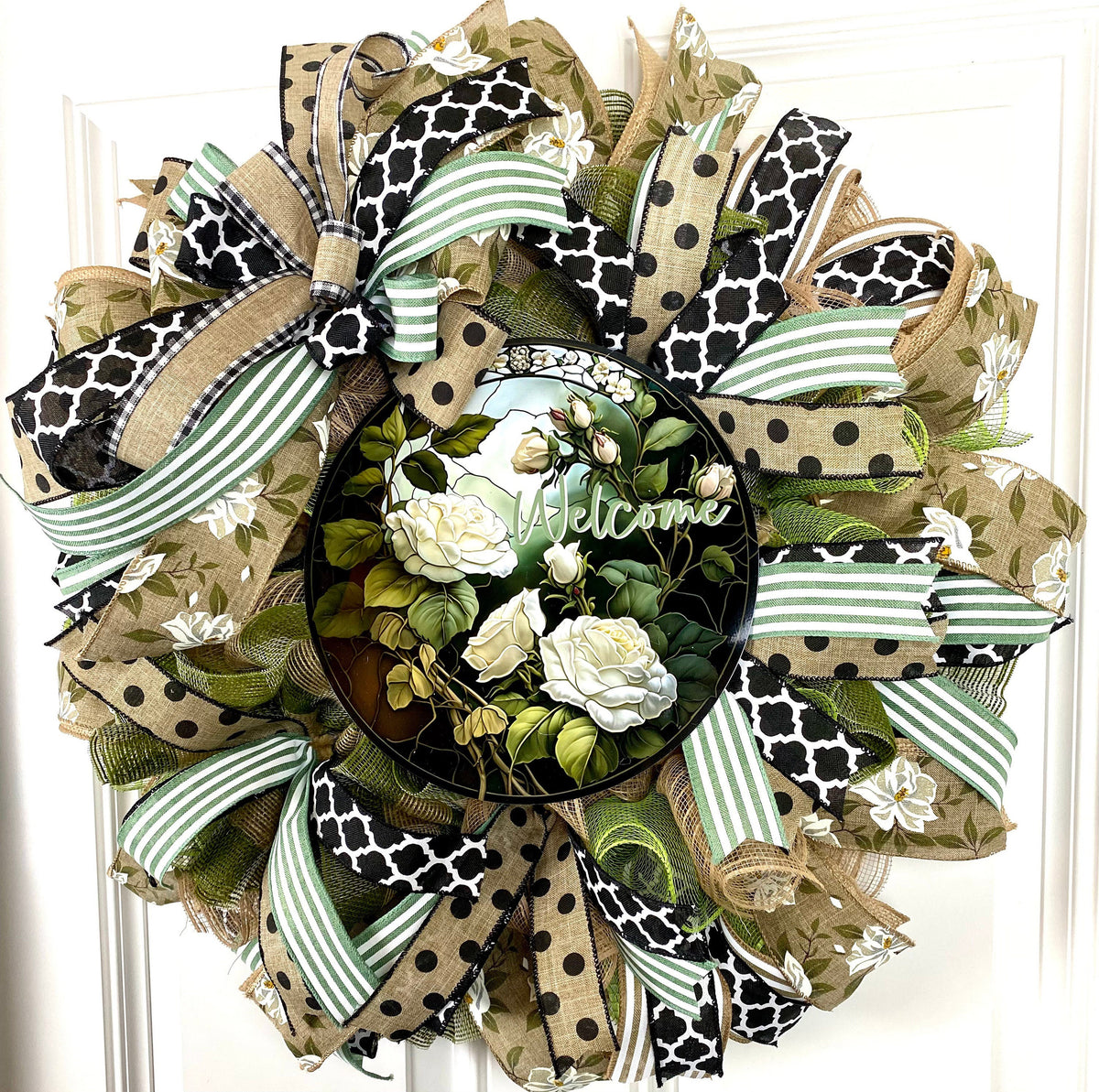 Summer Wreath Front Door, Farmhouse Stained Glass Wreath, Everyday Wreath, Summer Deco Mesh