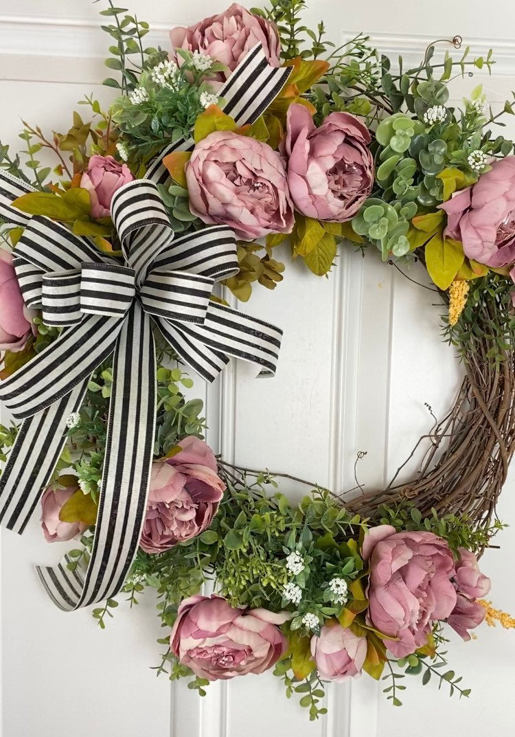 Pink Peony Wreath: French Country Door Decor with Striped Bow