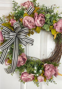 Pink Peony Wreath: French Country Door Decor with Striped Bow