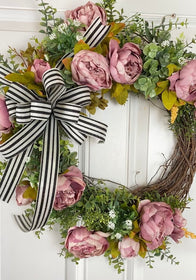Pink Peony Wreath: French Country Door Decor with Striped Bow