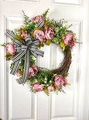 Pink Peony Wreath: French Country Door Decor with Striped Bow