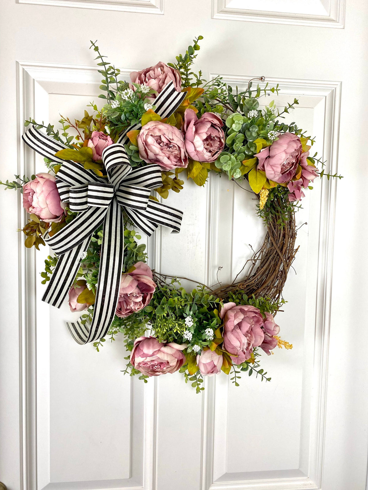 Pink Peony Wreath: French Country Door Decor with Striped Bow