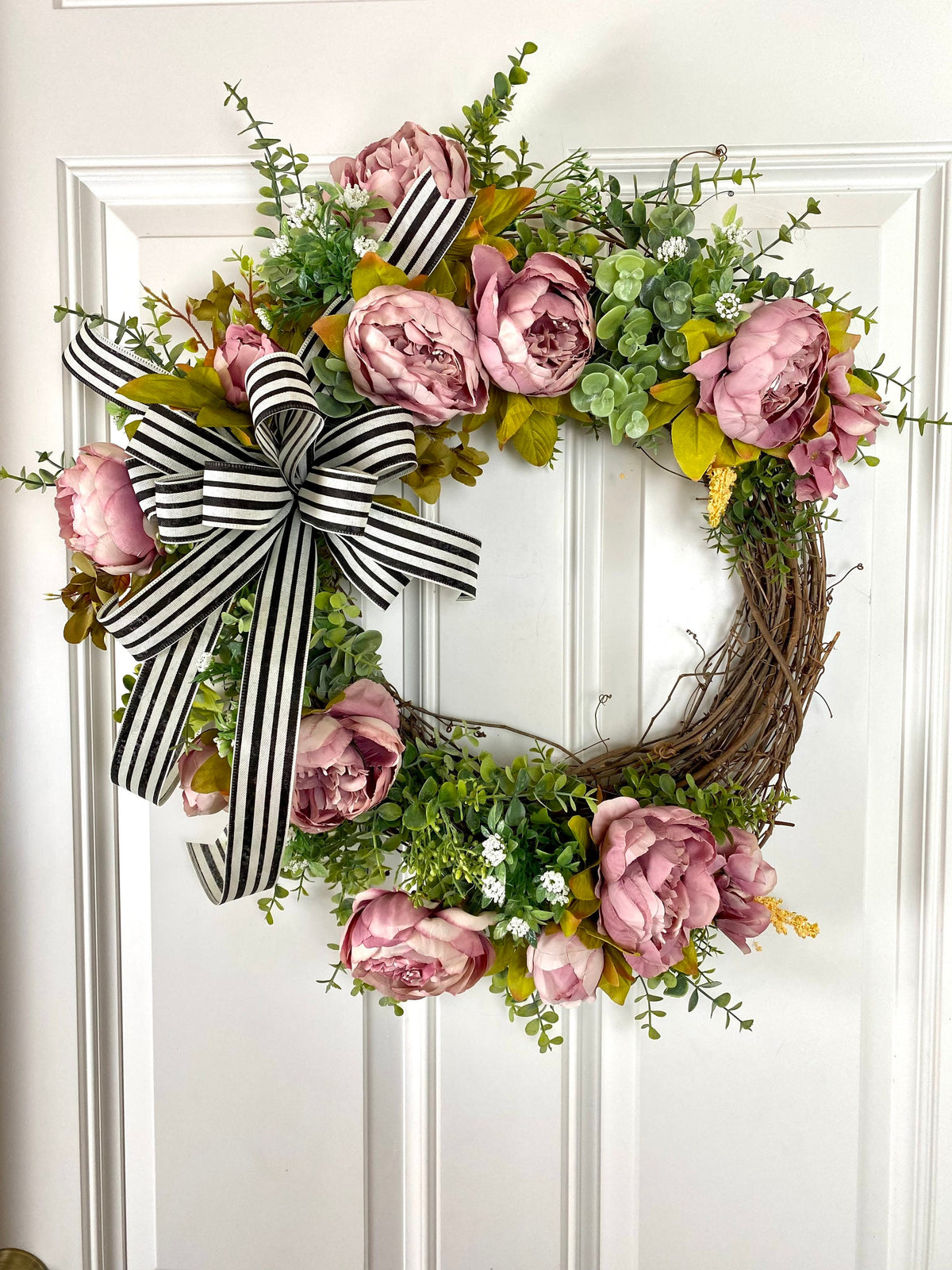 Pink Peony Wreath: French Country Door Decor with Striped Bow