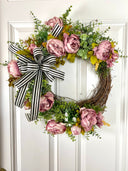 Pink Peony Wreath: French Country Door Decor with Striped Bow