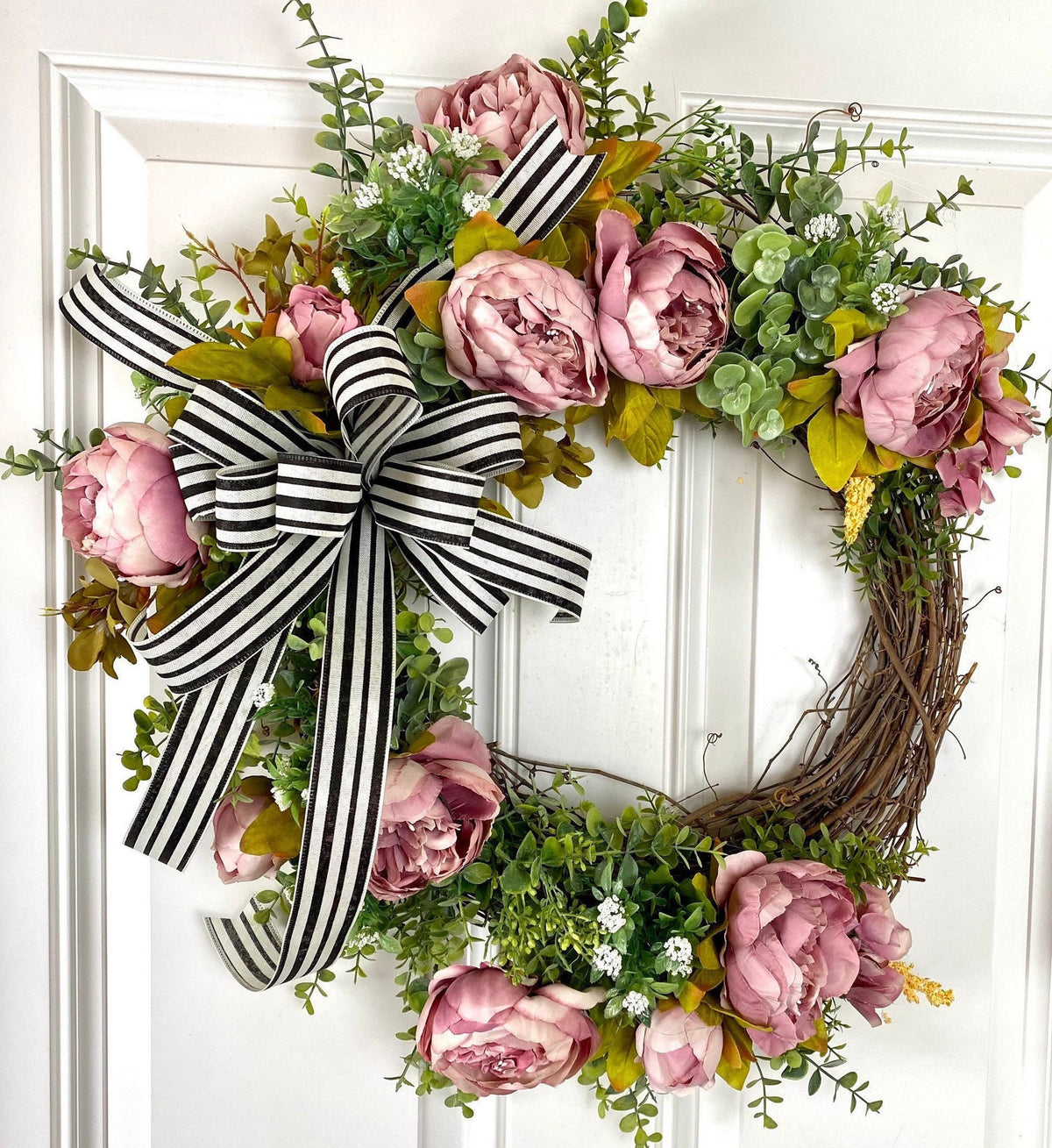 Pink Peony Wreath: French Country Door Decor with Striped Bow