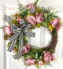 Pink Peony Wreath: French Country Door Decor with Striped Bow