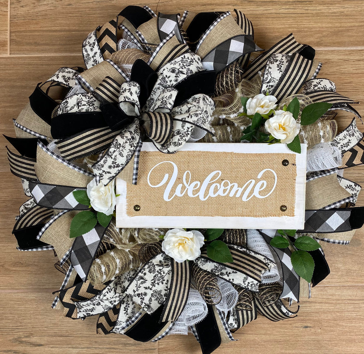 Farmhouse Welcome Wreath: Neutral Deco Mesh, Custom Sign