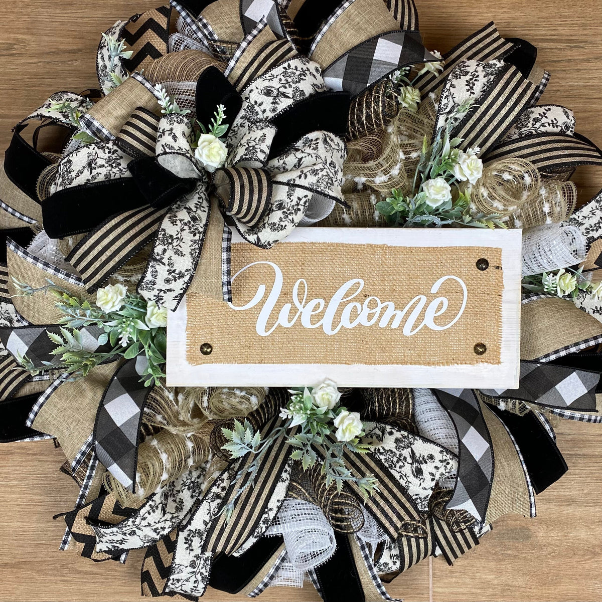 Farmhouse Welcome Wreath: Neutral Deco Mesh, Custom Sign