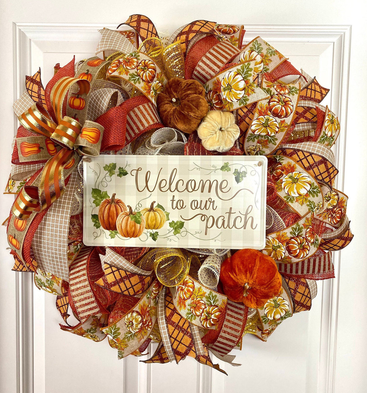 Fall Wreath, Farmhouse Pumpkin Wreath, Glam and Glitz, Traditional Autumn, Porch Decor, Welcome to our Patch