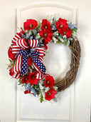 Summer Poppy Wreath, Patriotic Wreath, Fourth of July Wreath, Deluxe Flag Wreath, Red Cream and Blue Wreath, farmhouse decor