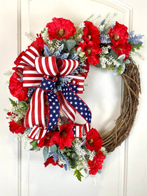 Summer Poppy Wreath, Patriotic Wreath, Fourth of July Wreath, Deluxe Flag Wreath, Red Cream and Blue Wreath, farmhouse decor