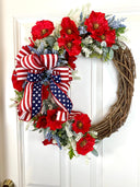 Summer Poppy Wreath, Patriotic Wreath, Fourth of July Wreath, Deluxe Flag Wreath, Red Cream and Blue Wreath, farmhouse decor