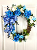 Blue & White Toile Floral Wreath, Farmhouse Decor