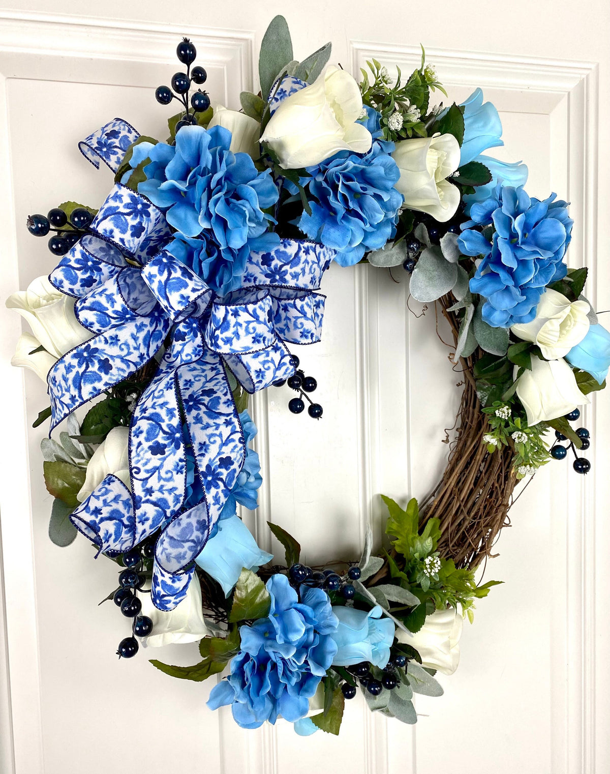 Blue & White Toile Floral Wreath, Farmhouse Decor