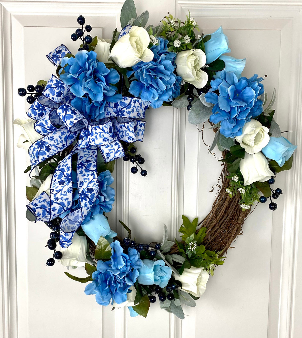 Blue & White Toile Floral Wreath, Farmhouse Decor