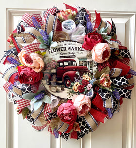 Everyday Wreath, Red Truck, Flower Market Summer Wreath, Home Decor, Farmhouse, All Season Wreath, Spring Wreath, Summer Deco Mesh