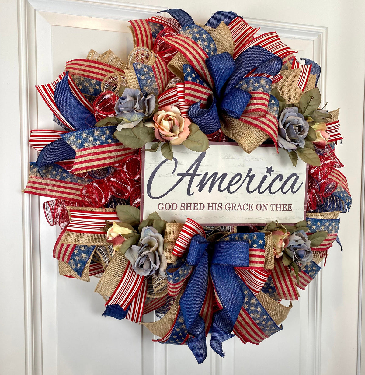 Summer Wreath, Rustic Patriotic Wreath, Fourth of July Wreath, Deluxe Flag Wreath, Red Cream and Blue Wreath, farmhouse decor