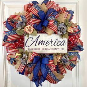 Summer Wreath, Rustic Patriotic Wreath, Fourth of July Wreath, Deluxe Flag Wreath, Red Cream and Blue Wreath, farmhouse decor