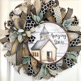 Farmhouse Wreath, Church, Amazing Grace Christian Decor, Summer Wreath Front Door, Farmhouse All Season Wreath, Summer