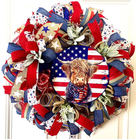 Patriotic Highland Cow Wreath