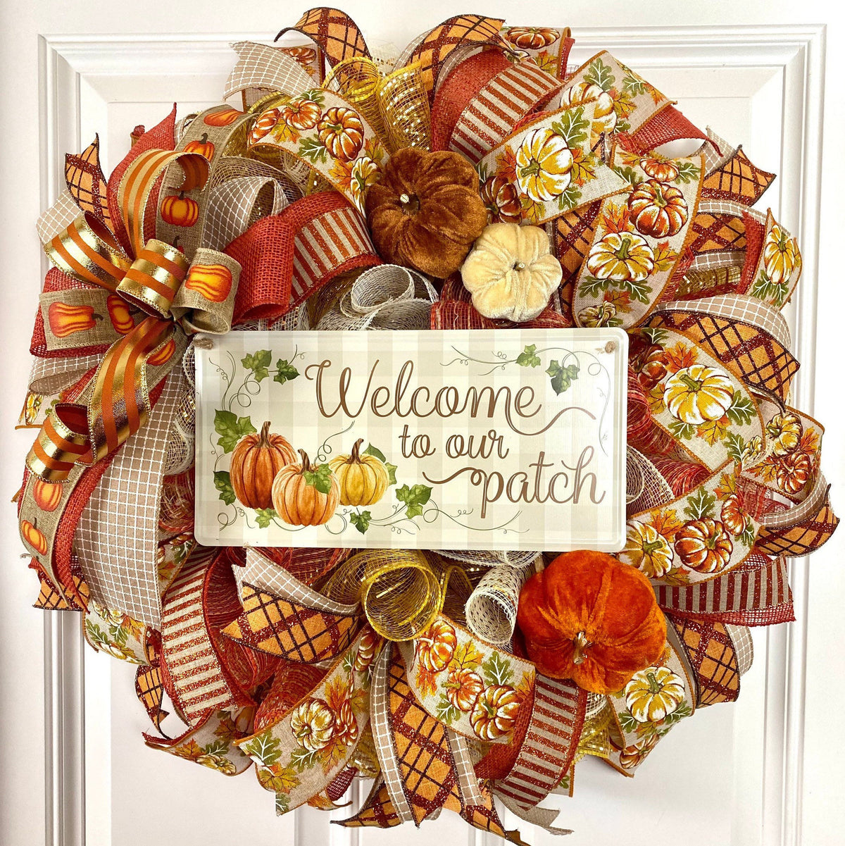 Fall Wreath, Farmhouse Pumpkin Wreath, Glam and Glitz, Traditional Autumn, Porch Decor, Welcome to our Patch