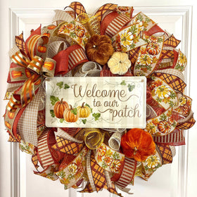 Fall Wreath, Farmhouse Pumpkin Wreath, Glam and Glitz, Traditional Autumn, Porch Decor, Welcome to our Patch