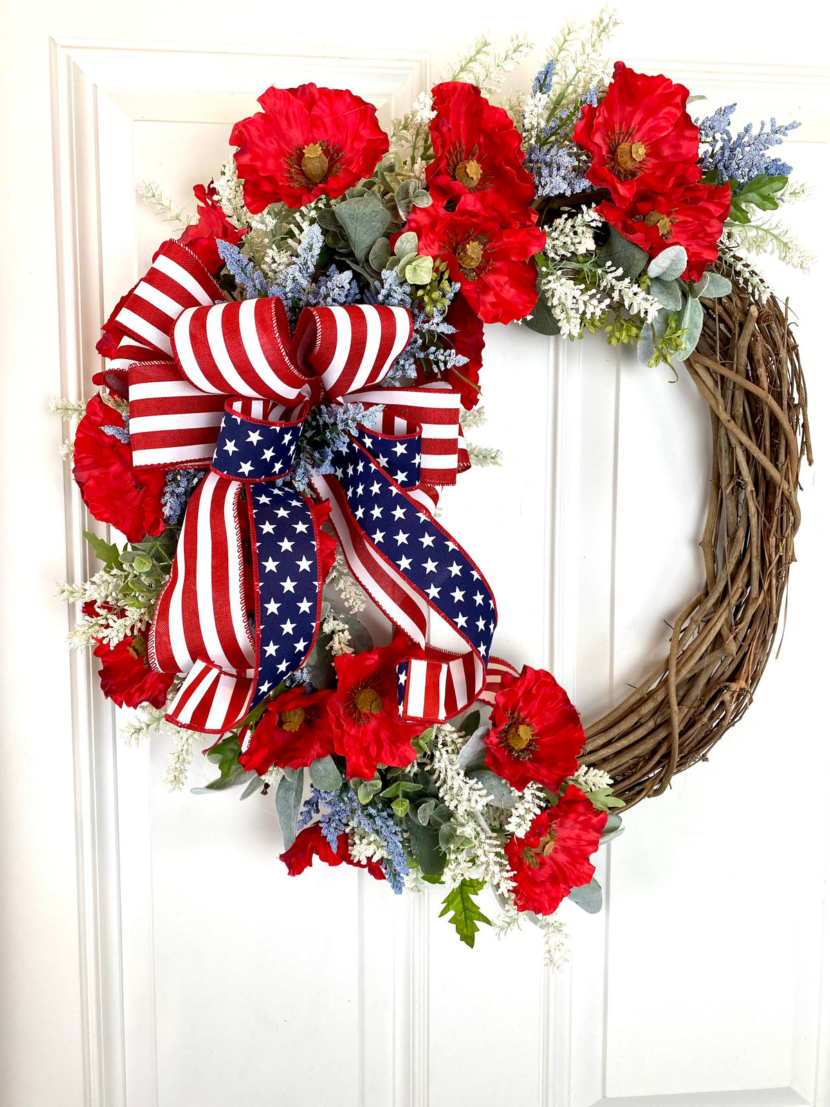 Summer Poppy Wreath, Patriotic Wreath, Fourth of July Wreath, Deluxe Flag Wreath, Red Cream and Blue Wreath, farmhouse decor