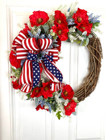 Summer Poppy Wreath, Patriotic Wreath, Fourth of July Wreath, Deluxe Flag Wreath, Red Cream and Blue Wreath, farmhouse decor