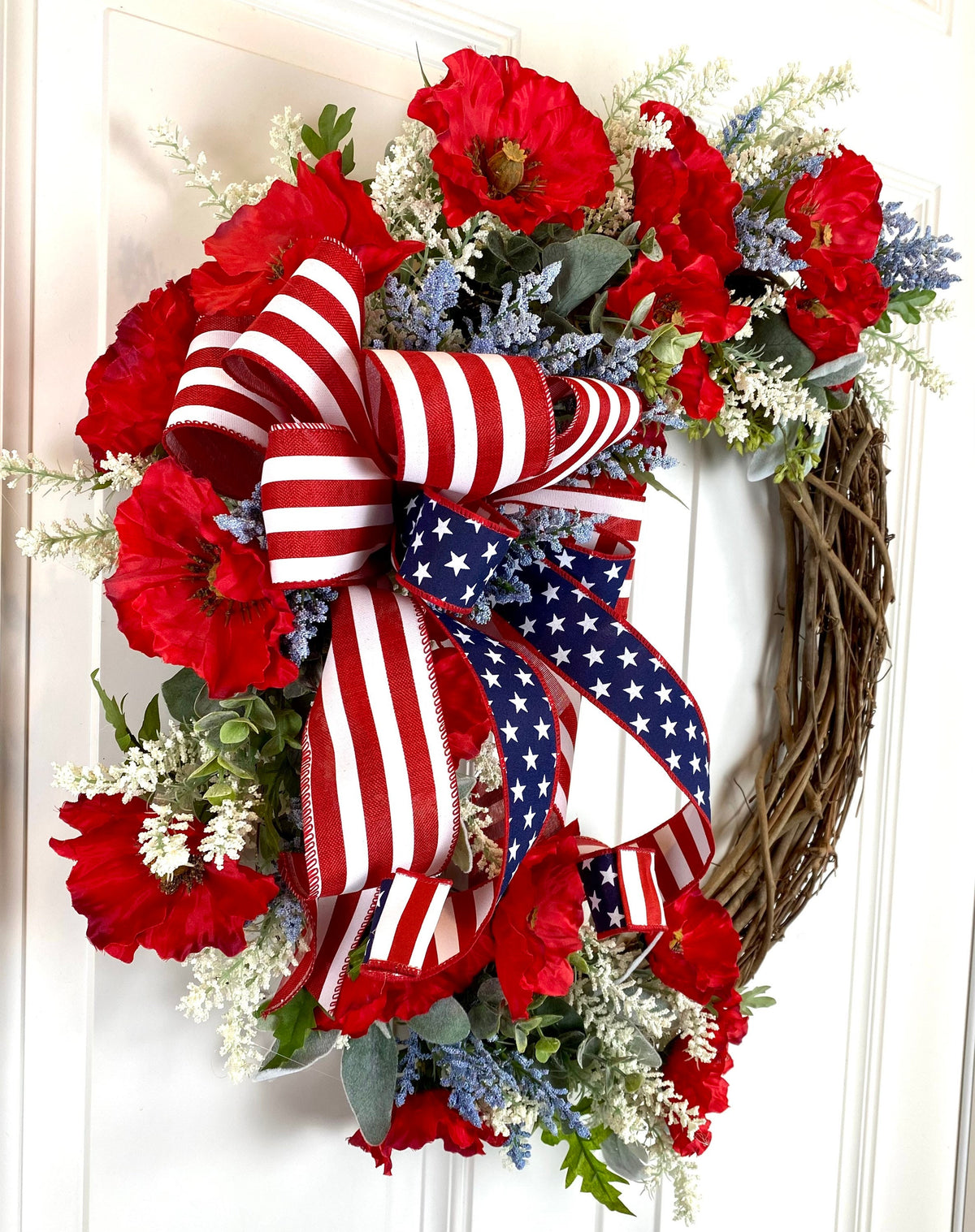 Summer Poppy Wreath, Patriotic Wreath, Fourth of July Wreath, Deluxe Flag Wreath, Red Cream and Blue Wreath, farmhouse decor