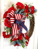 Summer Poppy Wreath, Patriotic Wreath, Fourth of July Wreath, Deluxe Flag Wreath, Red Cream and Blue Wreath, farmhouse decor