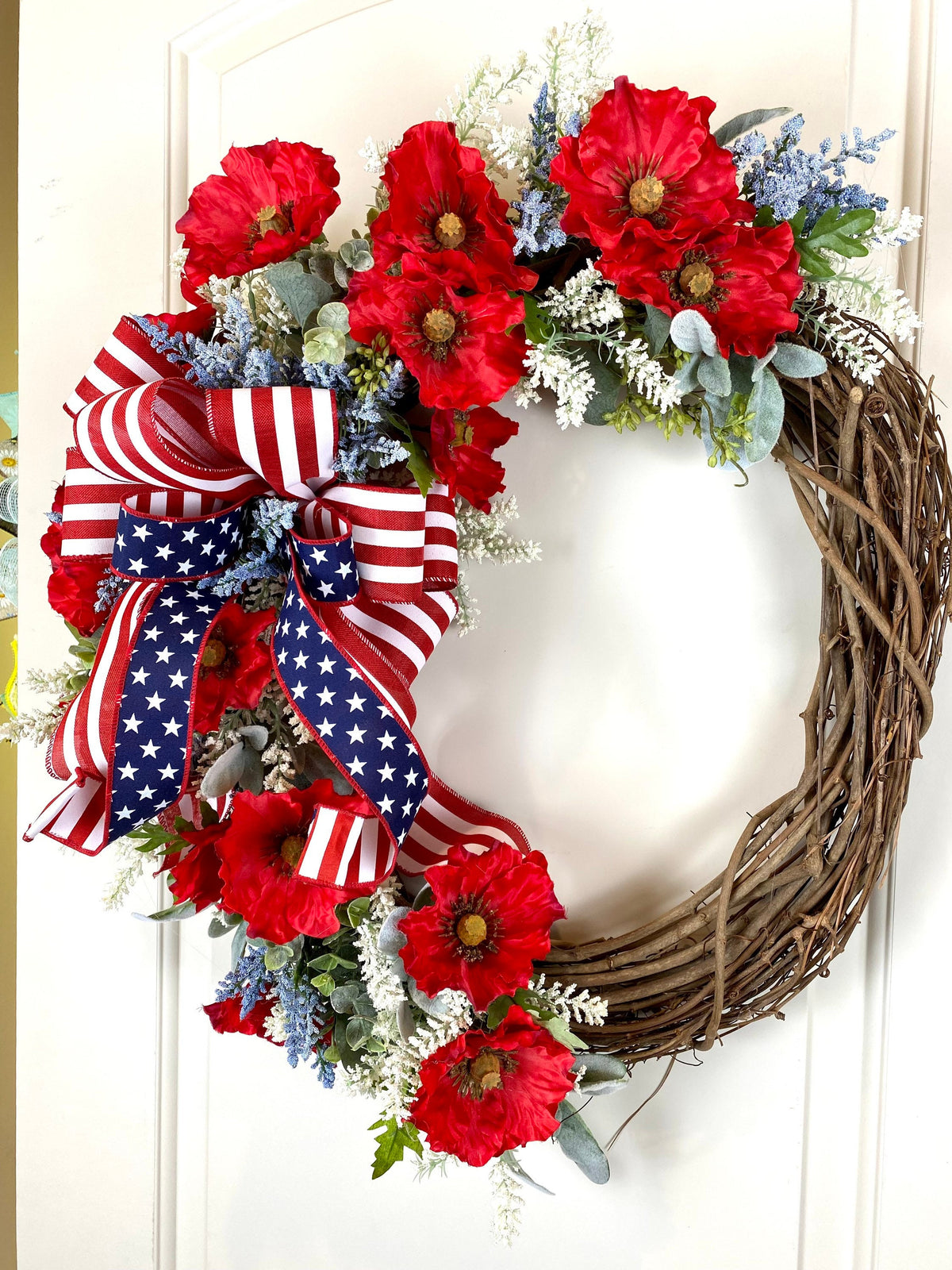 Summer Poppy Wreath, Patriotic Wreath, Fourth of July Wreath, Deluxe Flag Wreath, Red Cream and Blue Wreath, farmhouse decor