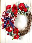 Summer Poppy Wreath, Patriotic Wreath, Fourth of July Wreath, Deluxe Flag Wreath, Red Cream and Blue Wreath, farmhouse decor