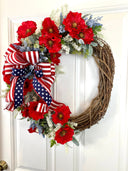 Summer Poppy Wreath, Patriotic Wreath, Fourth of July Wreath, Deluxe Flag Wreath, Red Cream and Blue Wreath, farmhouse decor