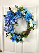 Blue & White Toile Floral Wreath, Farmhouse Decor