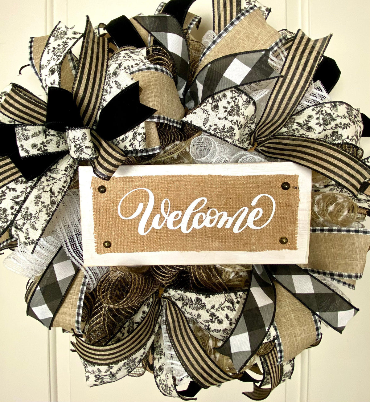 Farmhouse Welcome Wreath: Neutral Deco Mesh, Custom Sign