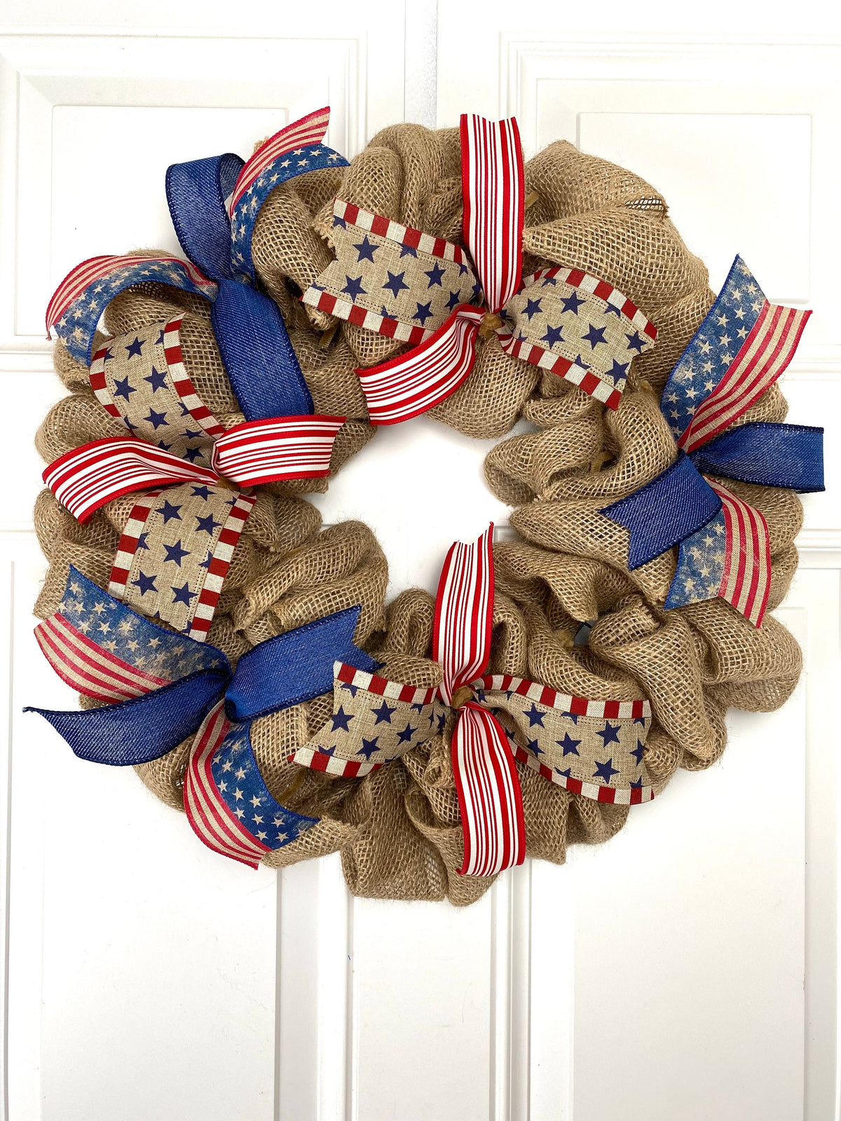 Burlap Patriotic Wreath: Vintage Flag Decor with Ribbons