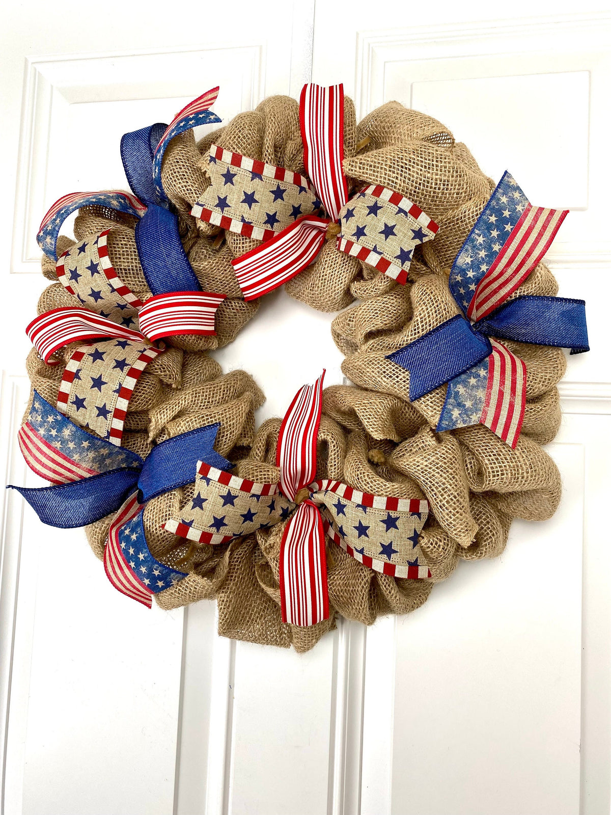 Burlap Patriotic Wreath: Vintage Flag Decor with Ribbons