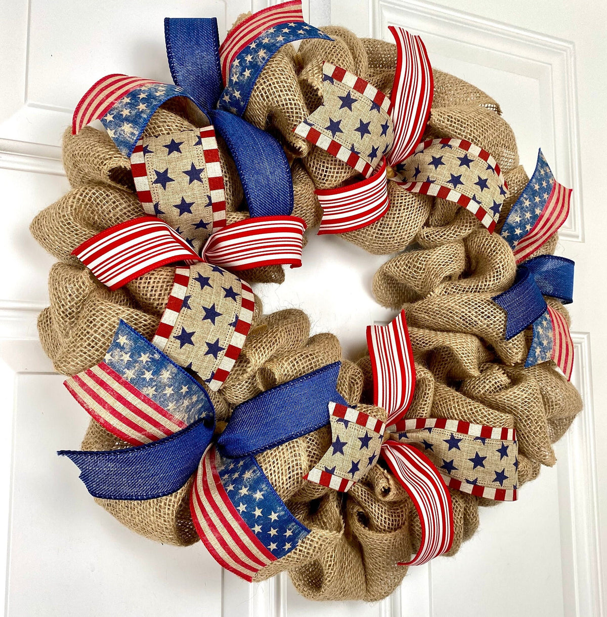 Burlap Patriotic Wreath: Vintage Flag Decor with Ribbons