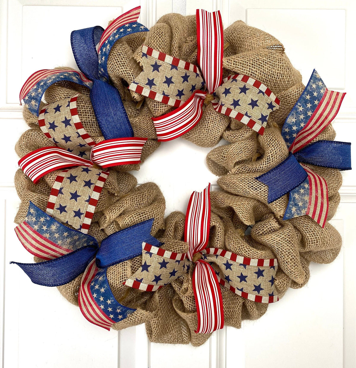 Burlap Patriotic Wreath: Vintage Flag Decor with Ribbons