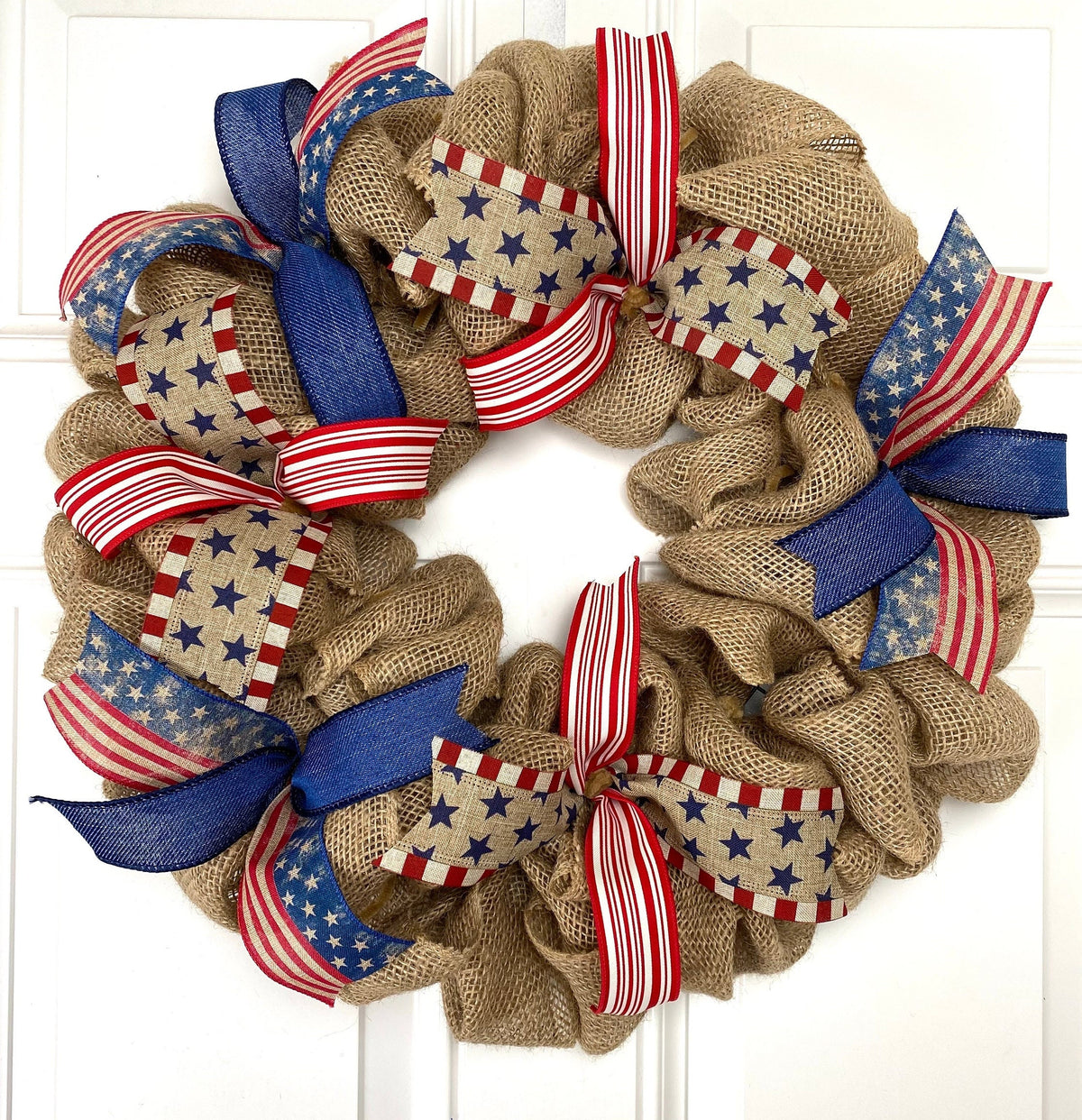 Burlap Patriotic Wreath: Vintage Flag Decor with Ribbons