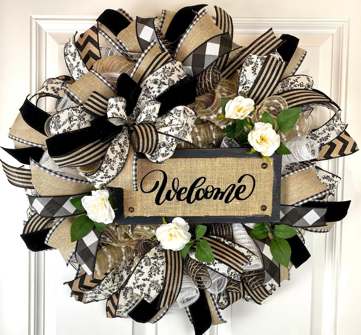 Farmhouse Welcome Wreath: Neutral Deco Mesh, Custom Sign